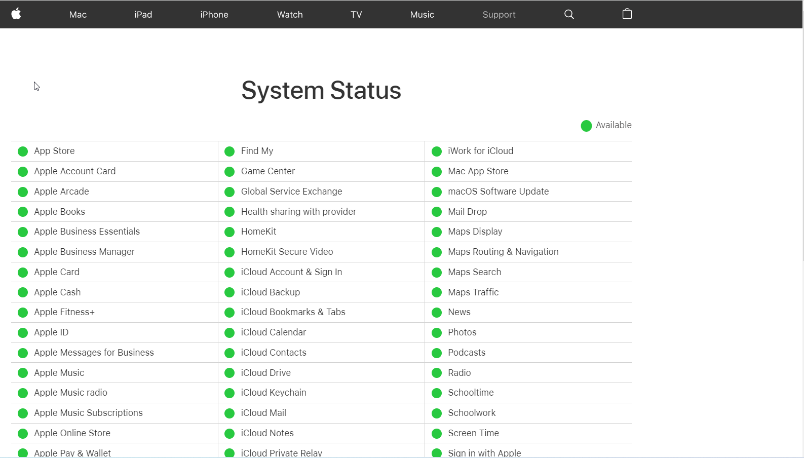 Apple Status Page