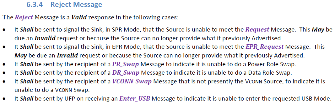 Reject 消息在上述情況中為有效/合規的回複方式（摘自USB PD 3.1 V1.8）