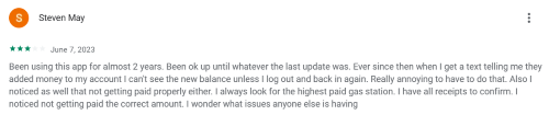 A three-star Upside app review from a user who had trouble using the app after an update. 