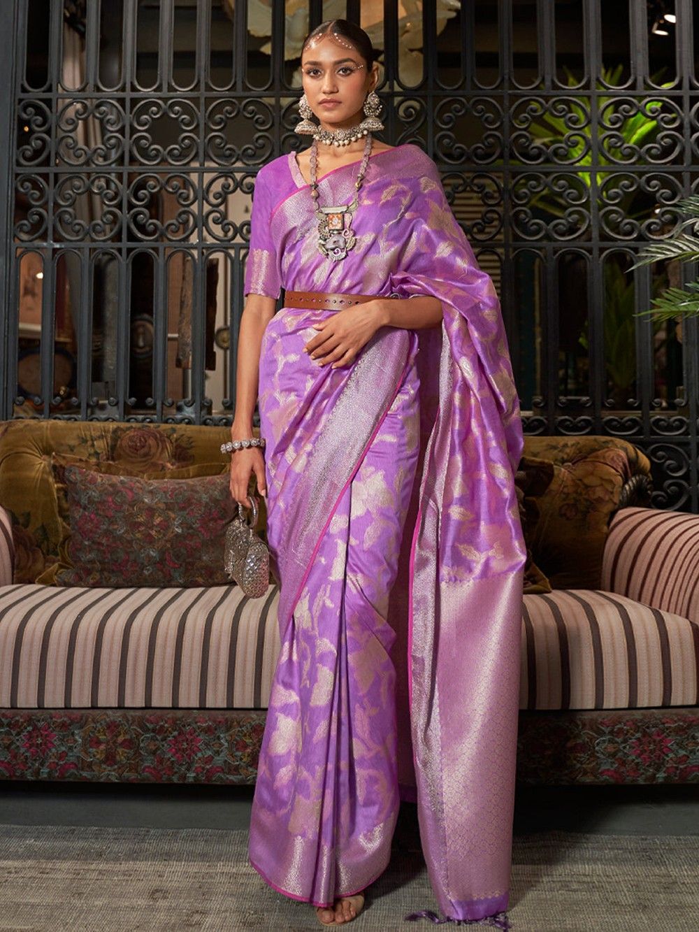 the loom - Purple Zari Woven Silk Blend Banarasi Saree