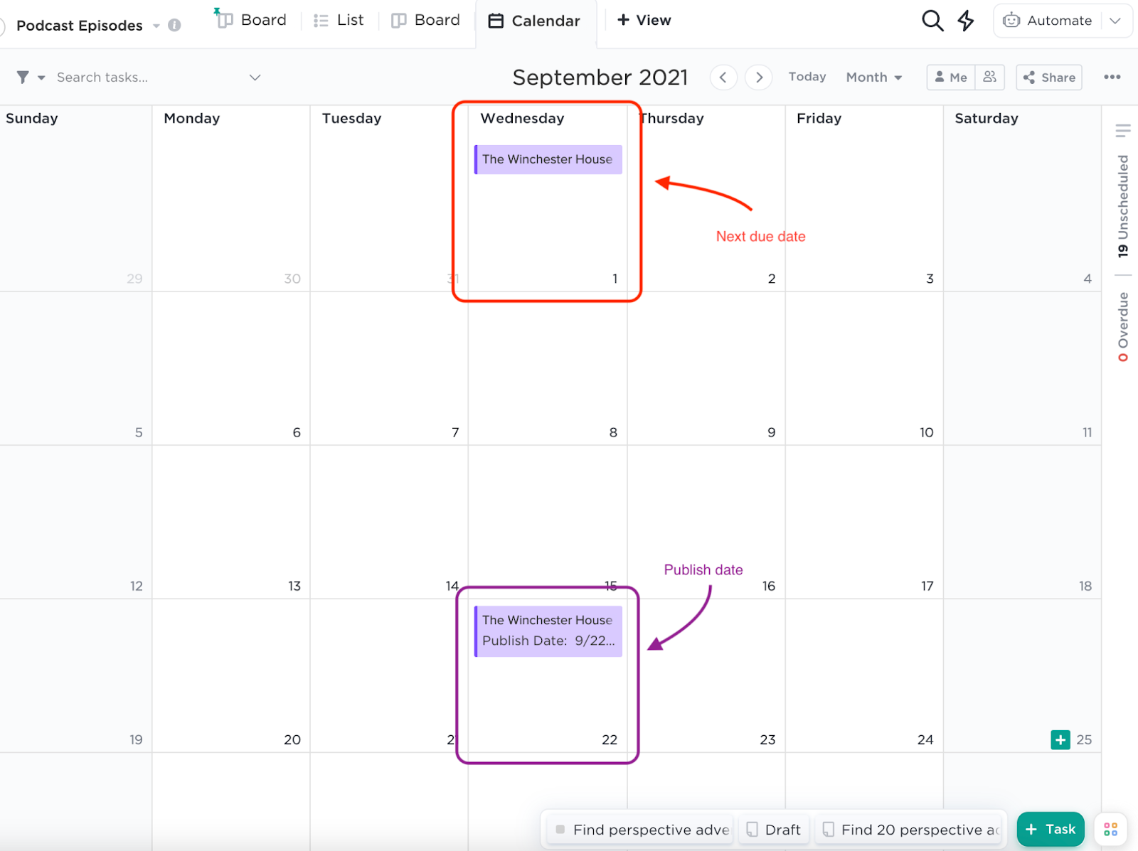 Screenshot of ClickUp's calendar view.