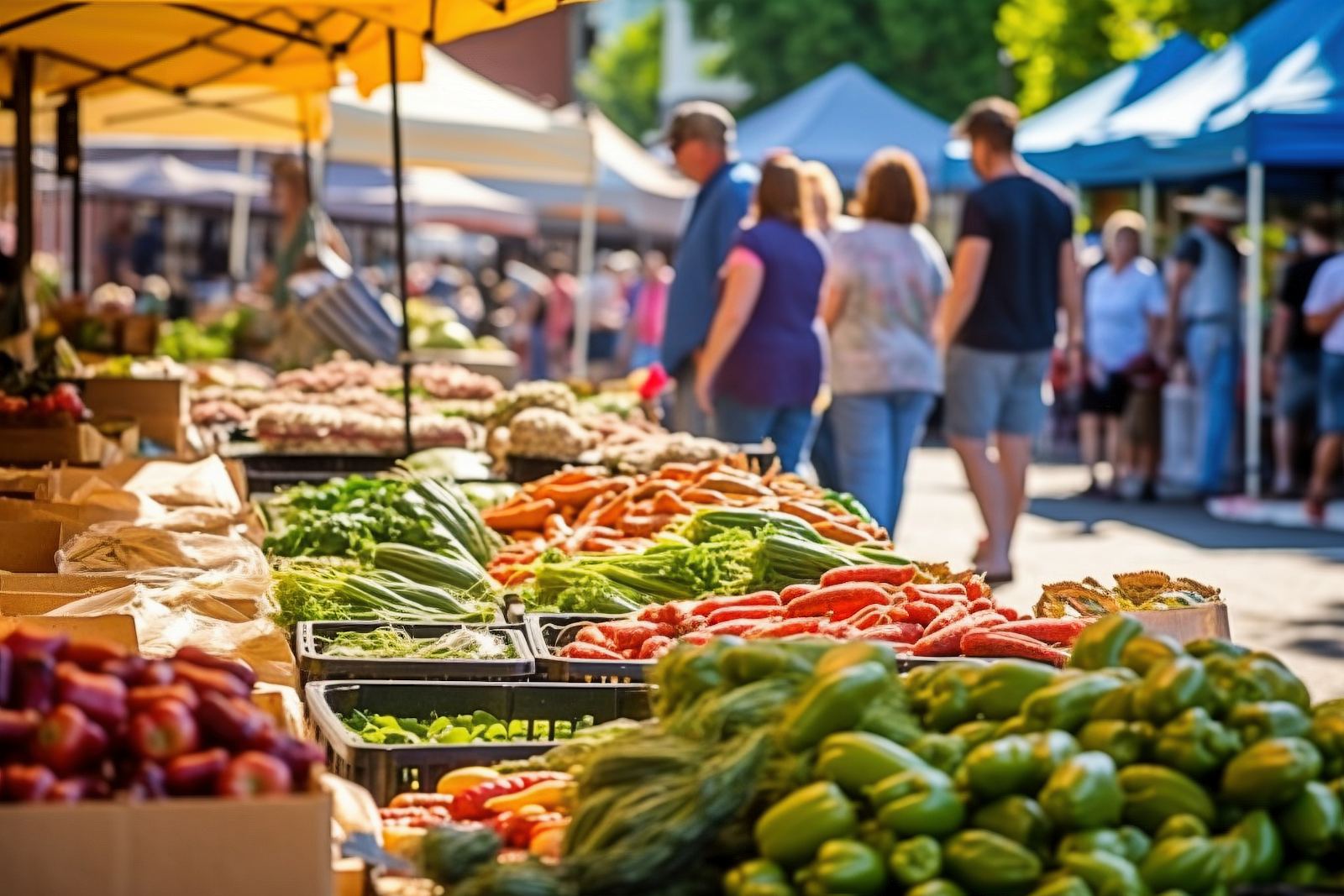 Customers walk through a farmers marekt