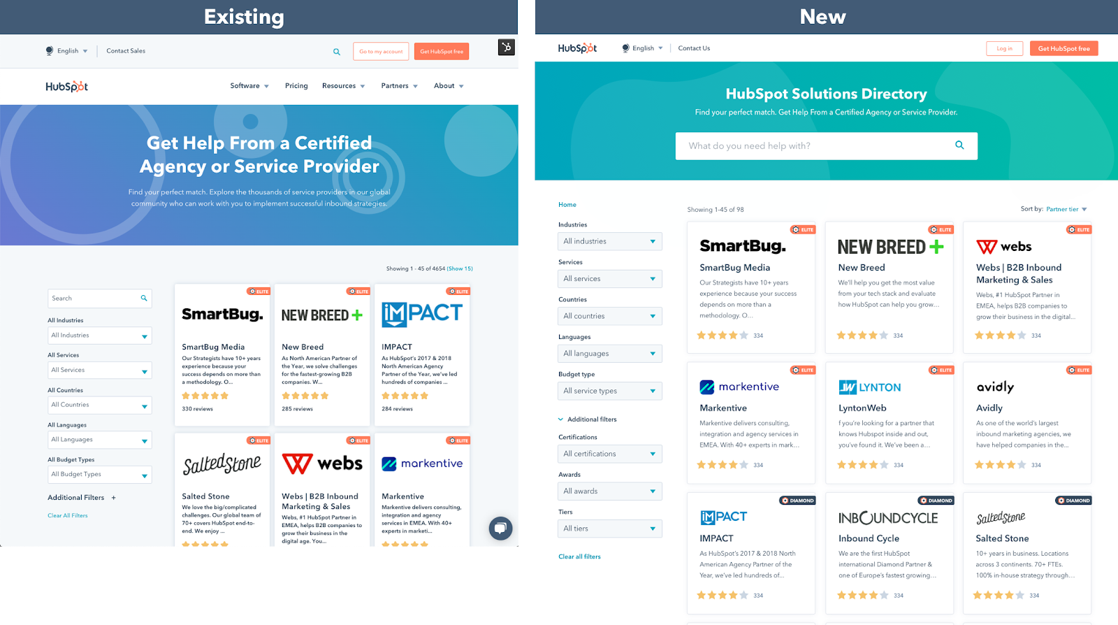 Side by side comparison of the existing Solutions Directory homepage and the new homepage