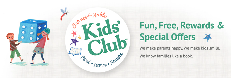 Screenshot showing the kids club page on barnesandnoble.com. Two kids holding up boardgame dice