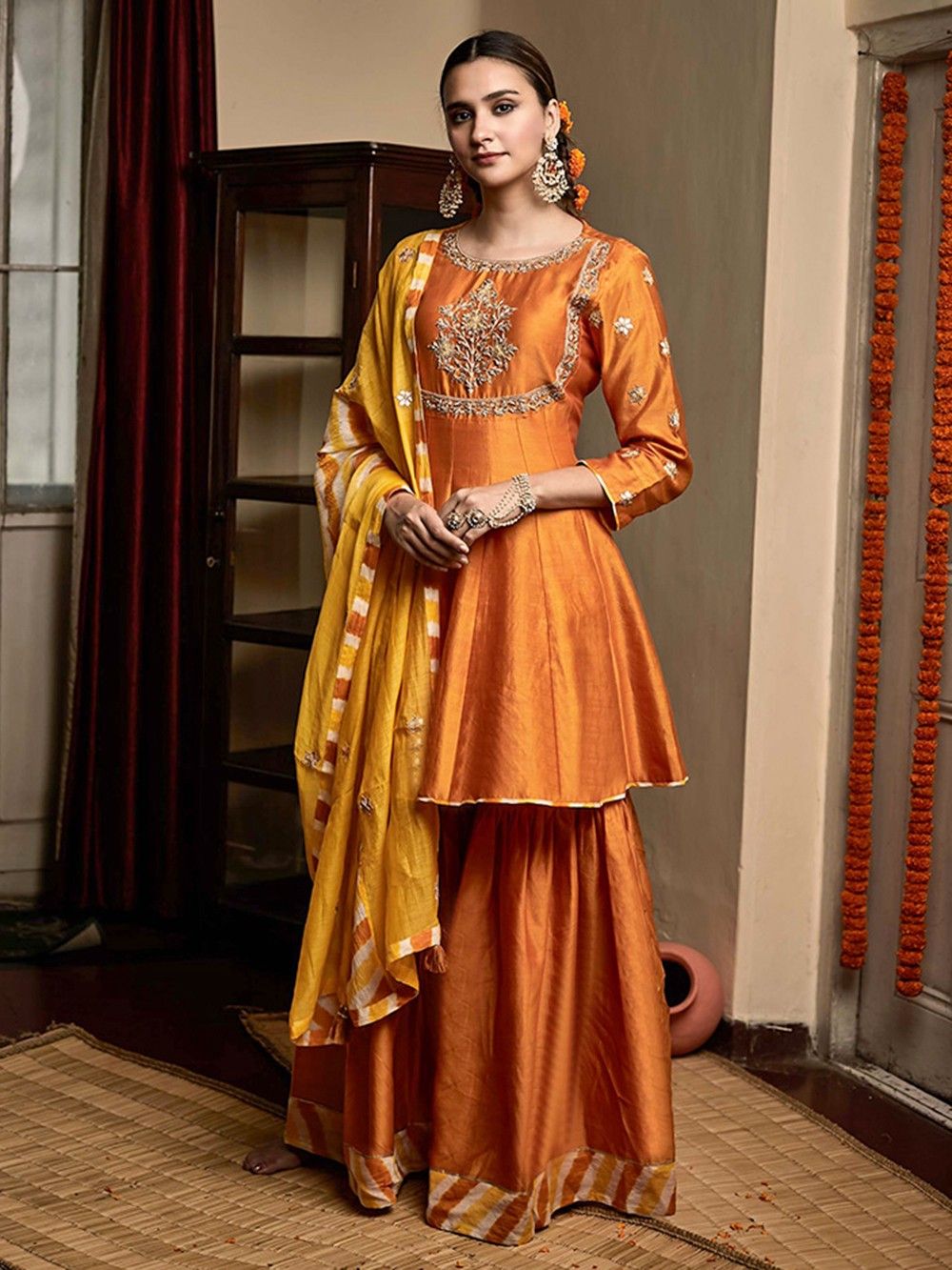 the loom - Orange Chanderi Silk Sharara Suit