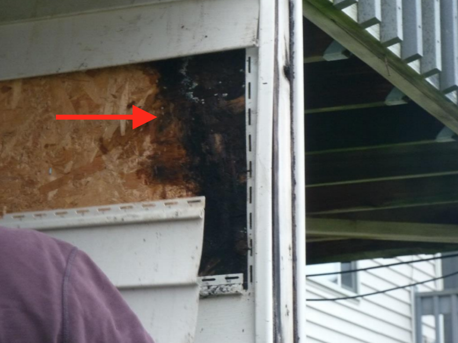 Rot underneath siding from construction defect 