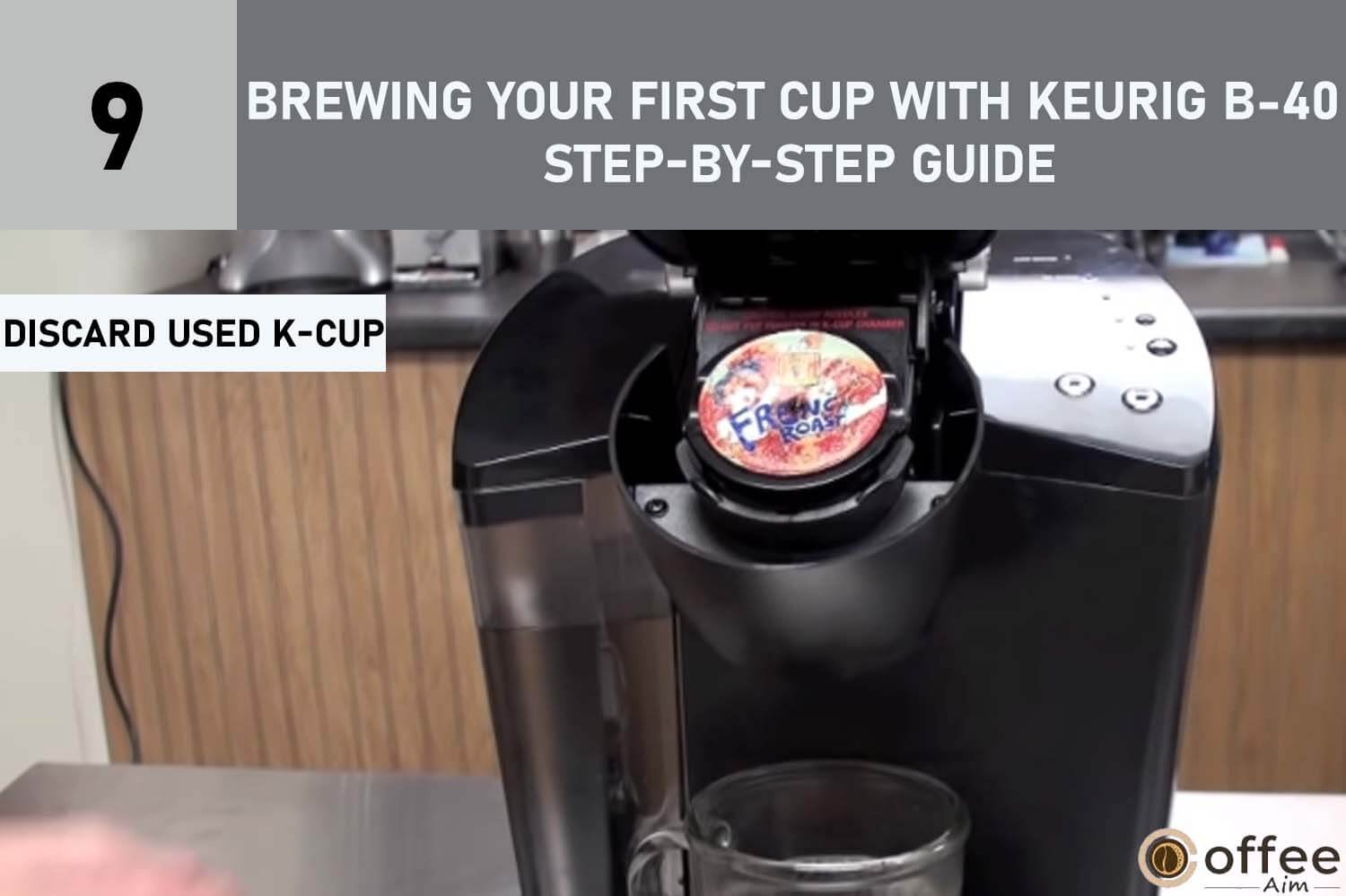 The accompanying image illustrates the process of "Discard Used K-Cup" within the context of the comprehensive guide titled "Brewing Your First Cup with Keurig B-40 - Step-by-Step Guide," which is part of the article "How to Use Keurig B-40."