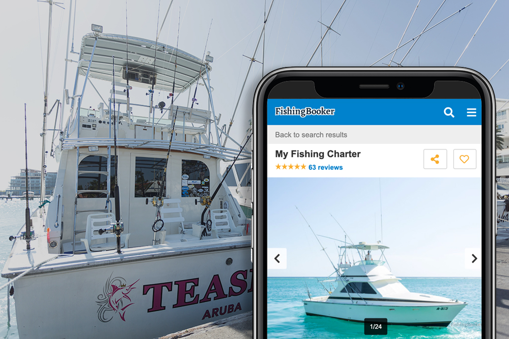 A view of the back of a boat with a mobile showing a FishingBooker listing on it next to it to highlight that advertisements should match reality