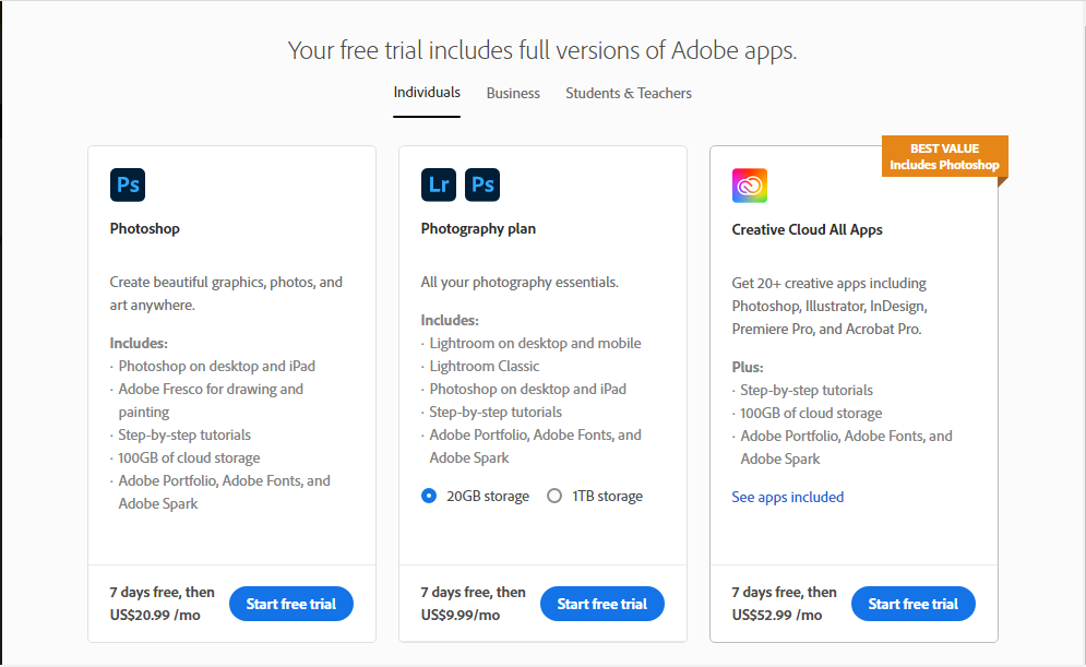 free trial version preview of photoshop and plans and pricing