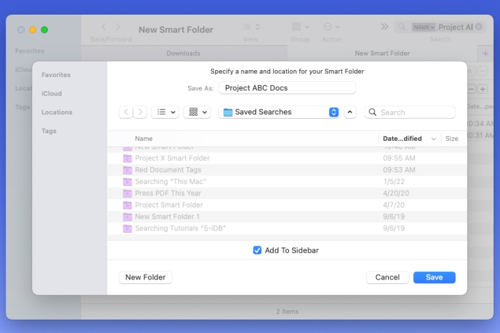 Pilih Nama dan Lokasi untuk Smart Folder.