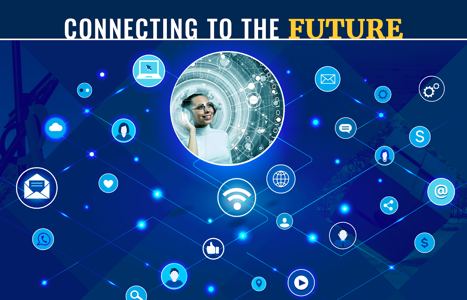 Blue Background with interconnected circles with photos of futuristic images headline “Connecting to the Future”