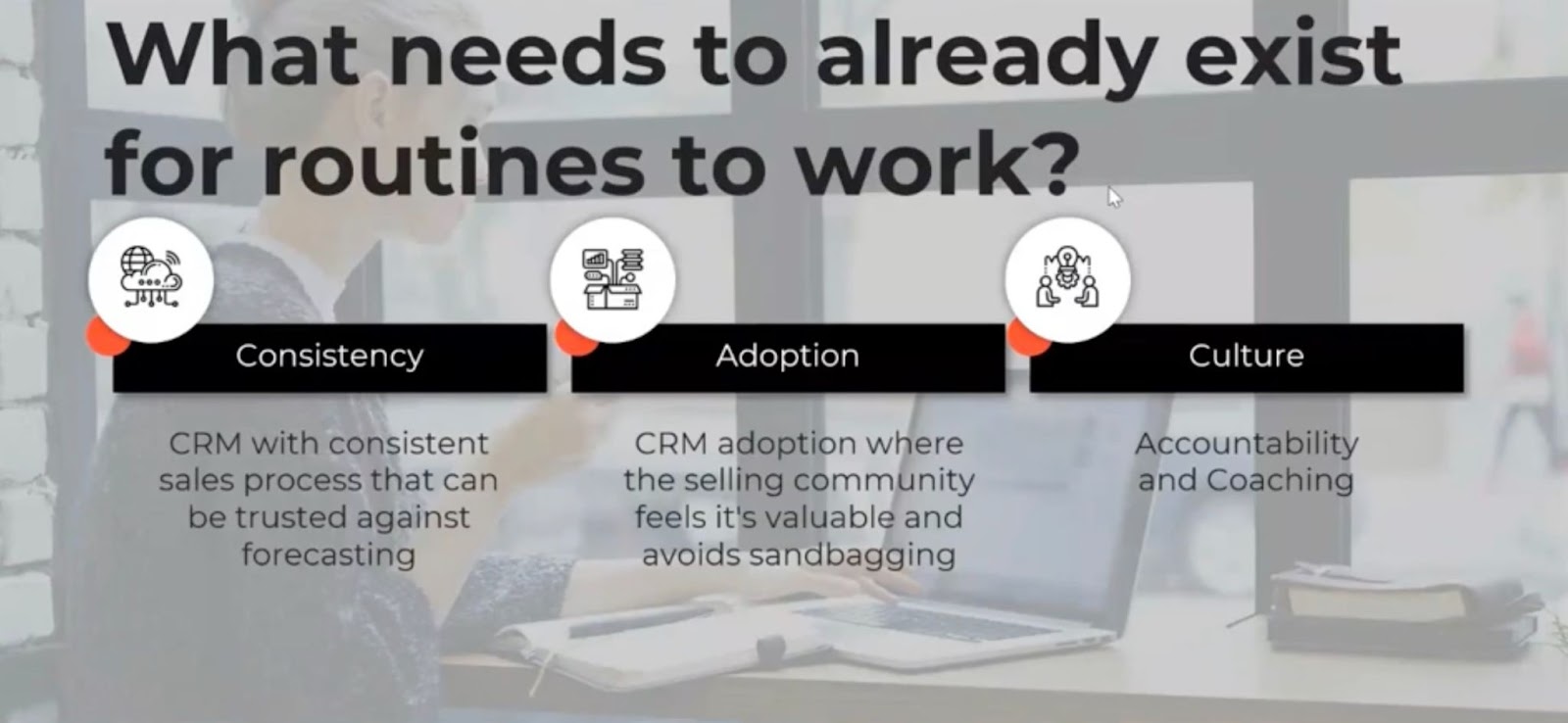 An image with the following text: What needs to already exist for routines to work? Consistency - CRM with consistent sales process that can be trusted against forecasting. Adoption - CRM adoption where the selling community feels it's valuable and avoids sandbagging. Culture - Accountability and coaching
