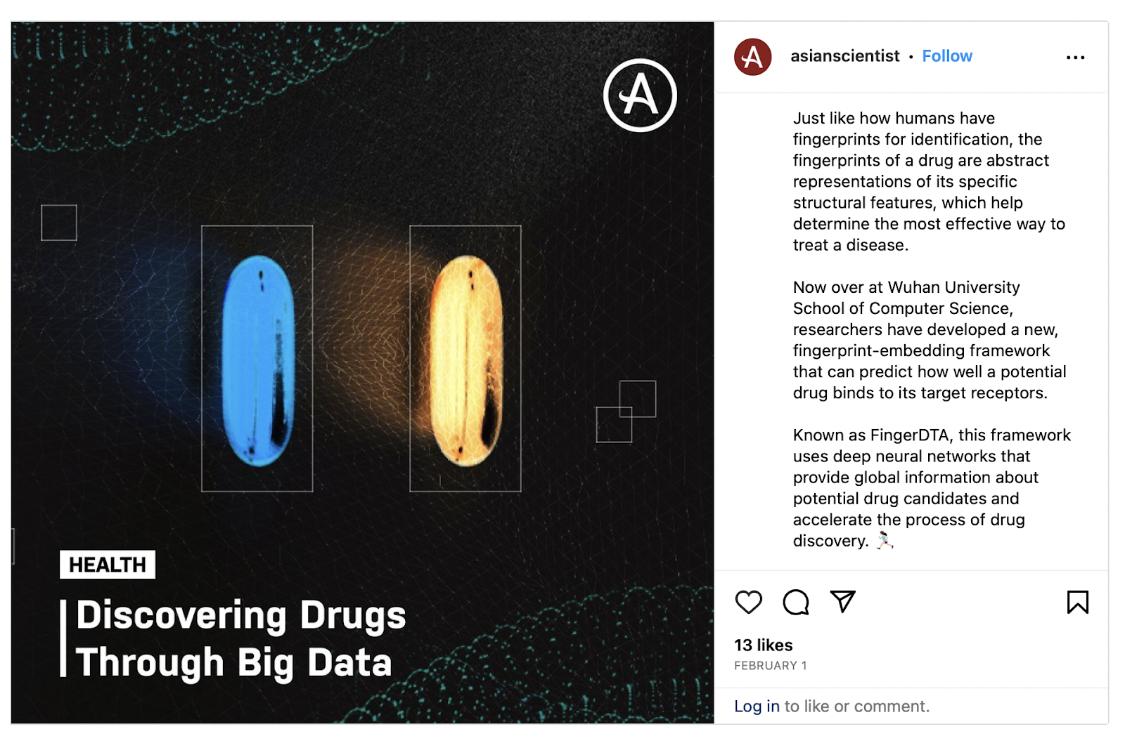 A screenshot from a news page on Instagram. It explains that drugs have fingerprints like humans do and these can be used to find effective ways to treat diseases.