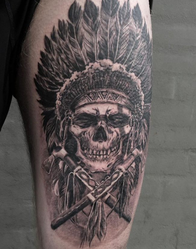  Weapon With Indian Skull Tattoo Design Native