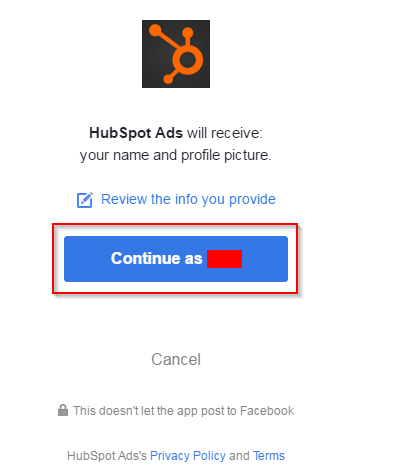 Facebook Ads and HubSpot: Click Continue as
