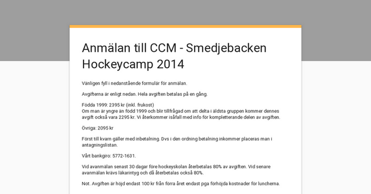 Anmälan till CCM - Smedjebacken Hockeycamp 2014