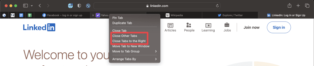 choose close other tabs or close tabs to the right