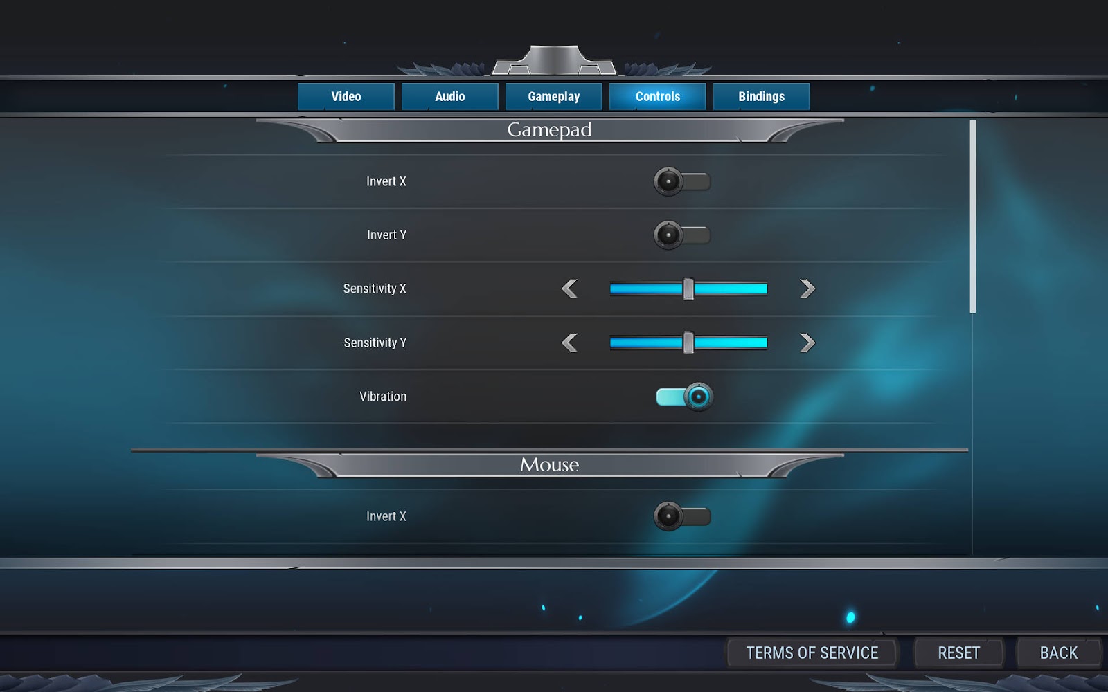 Gamepad axis inversion, sensitivity settings and vibration on/off.