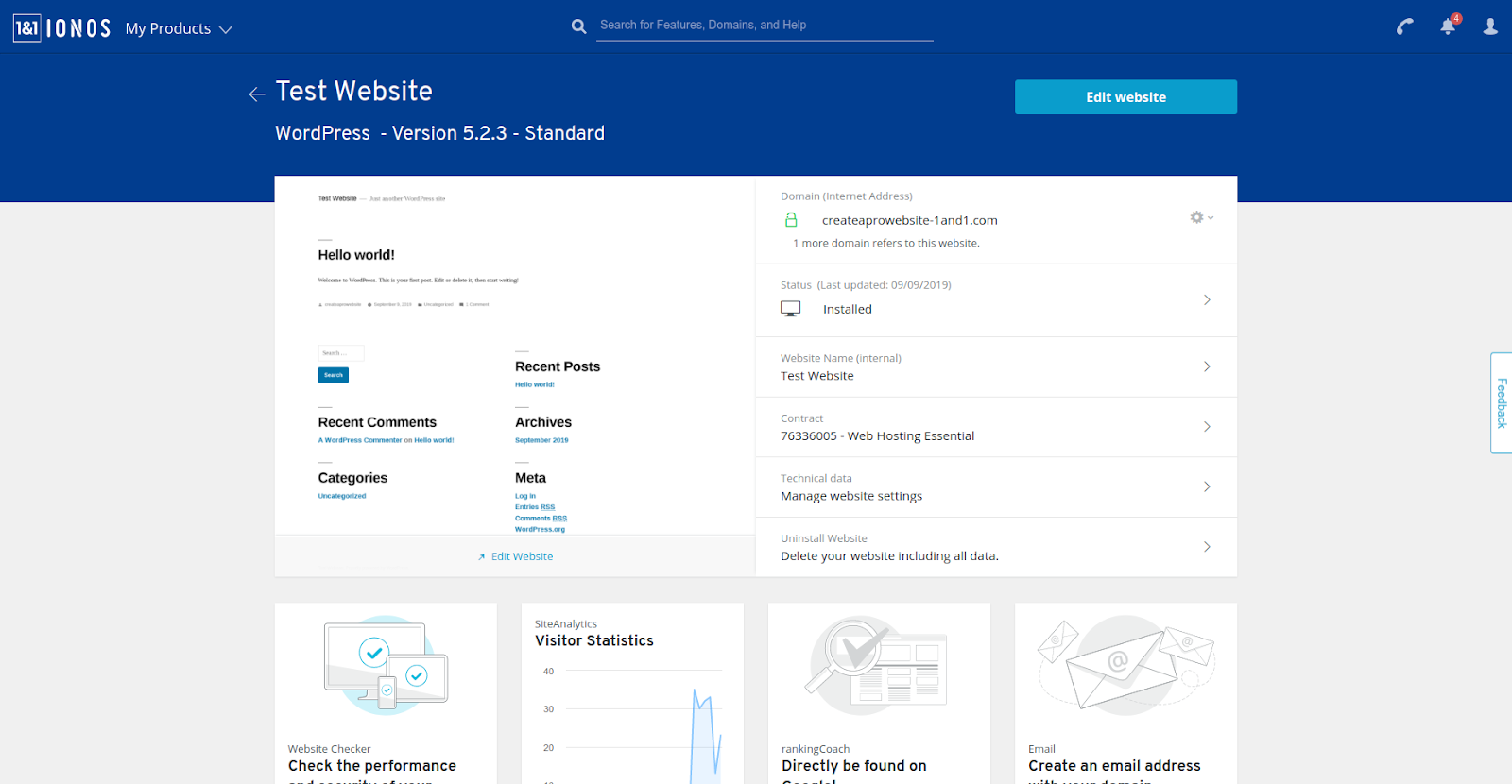 1&1 hosting management interface