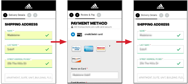 Adidas allows users to navigate its mobile site using their device’s native back button, without risking losing information they’ve already provided.