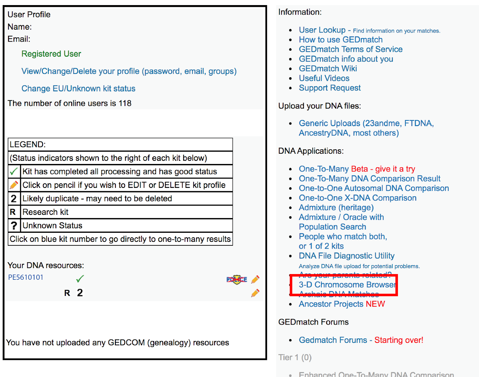 El navegador de cromosomas 3-D GEDmatch permite a los usuarios comparar un solo cromosoma entre varias personas.
