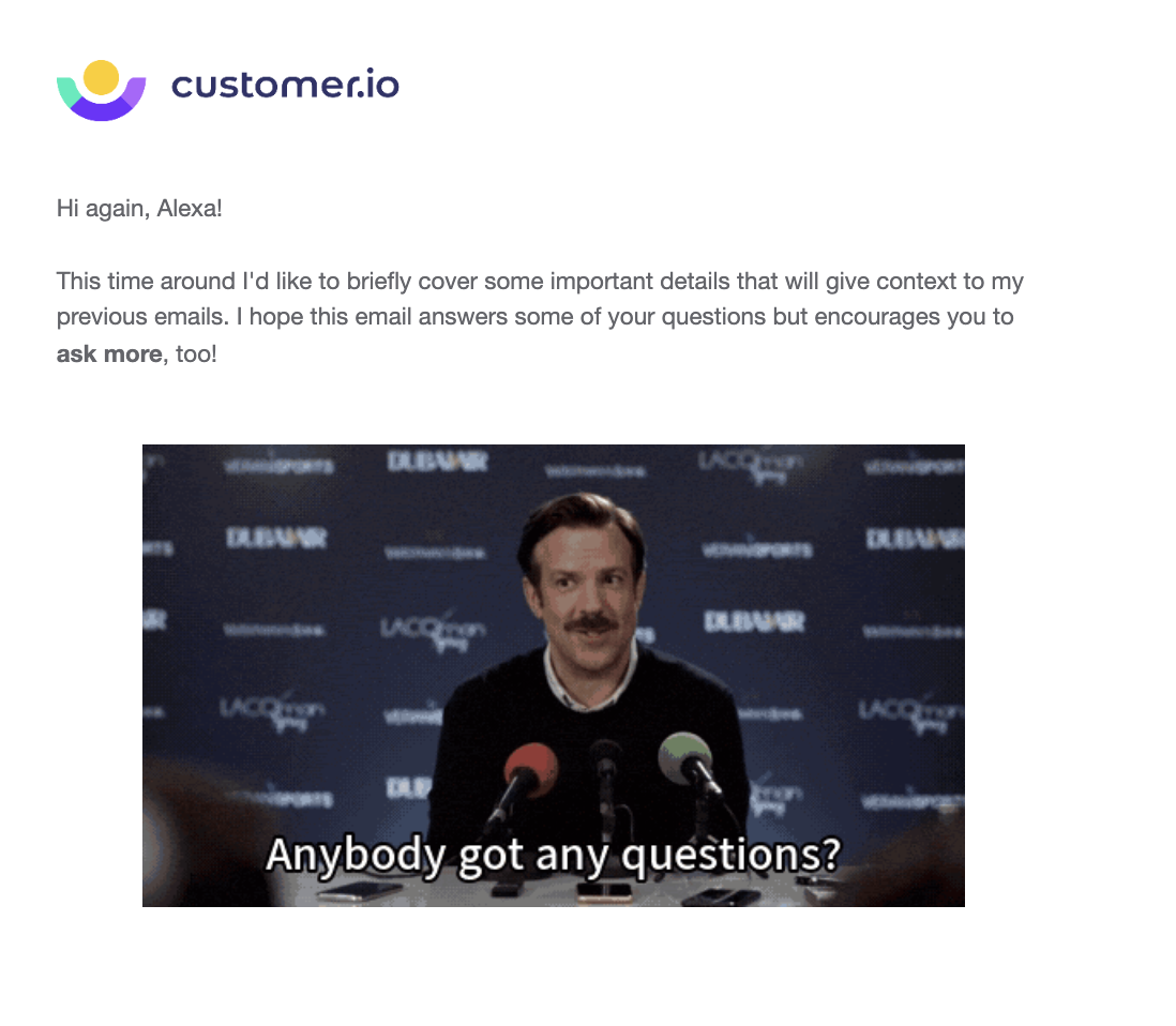 GIF from Ted Lasso used as image in email from Customer.io displayed as static image