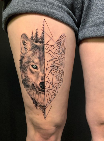Double Face Alpha Wolf Tattoo On Thigh