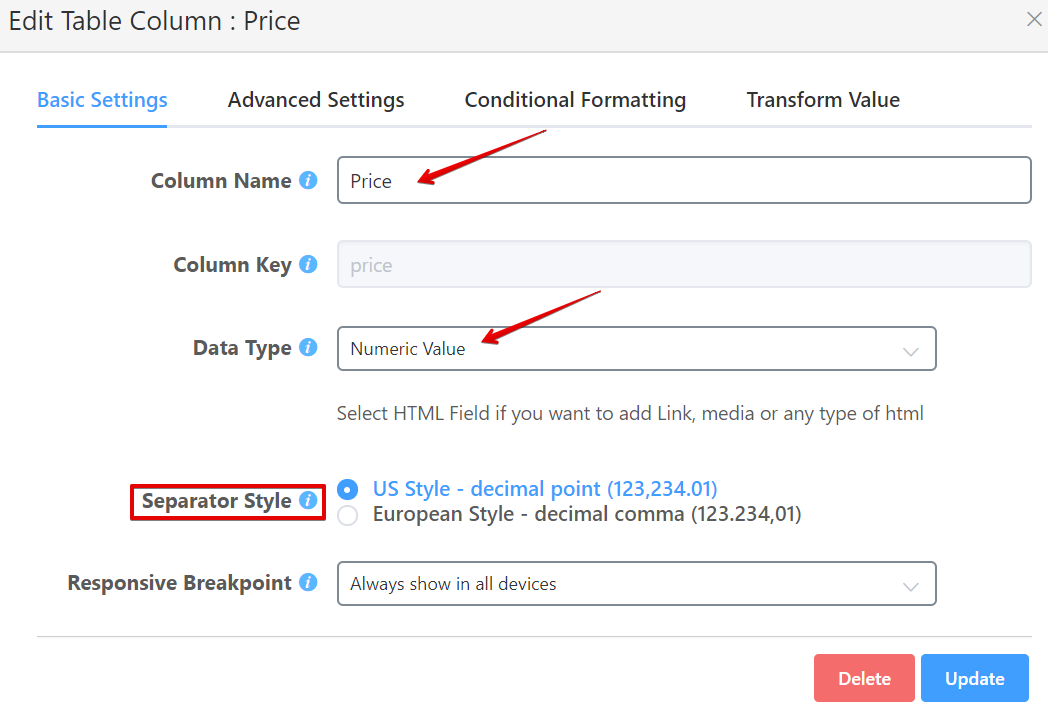 configure the data type for numeric data in column