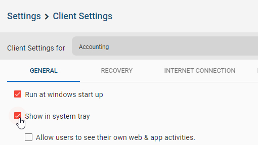 Client settings screenshot. "Show in system tray" is selected