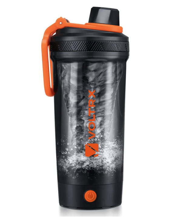A black and orange VOLTRX Gallium Electric Shaker Bottle