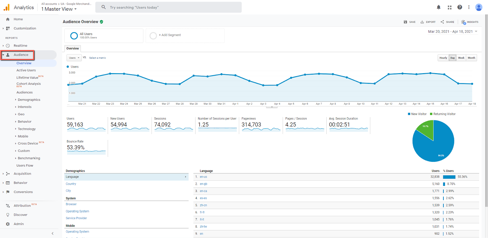Screenshot of User Metrics in Google Analytics