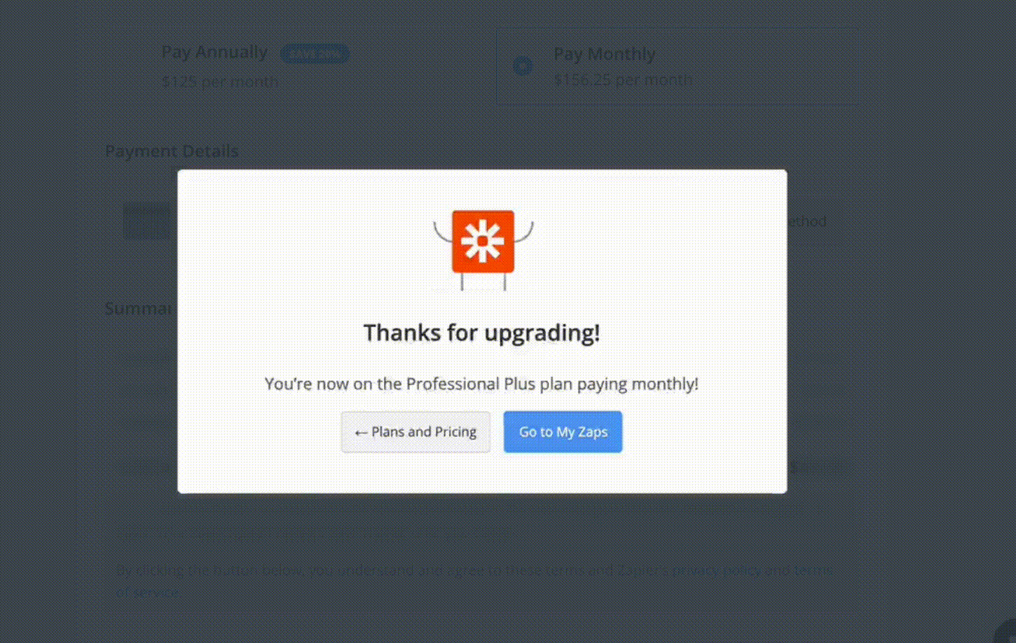 A screenshot of a screen saying "Thanks for upgrading" and confetti falling from above.