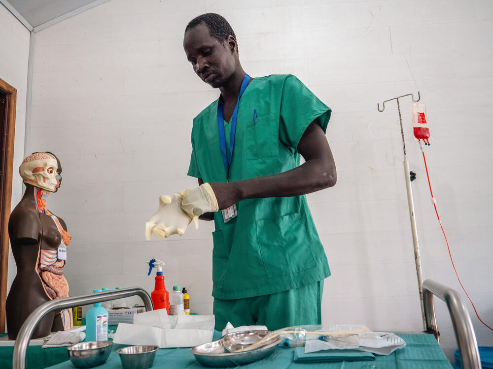Gabriel Kalany, an MSF Academy student, gets ready for a 'skills lab' session in Old Fangak