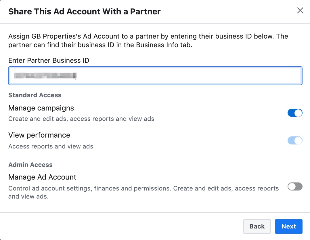 Screenshot of 'Share This Ad Account With a Partner" settings