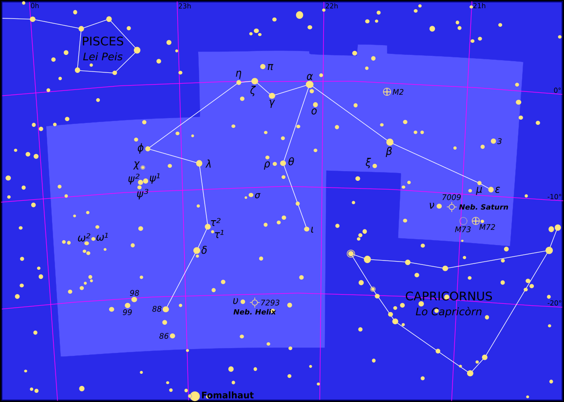 Located between Pisces and Capricornus in the sky. It is a large constellation, spanning 57 degrees, and is located close to the celestial equator.