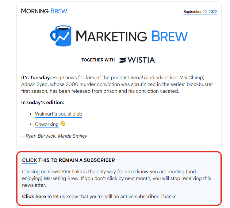 example of re-engagement email from Marketing Brew