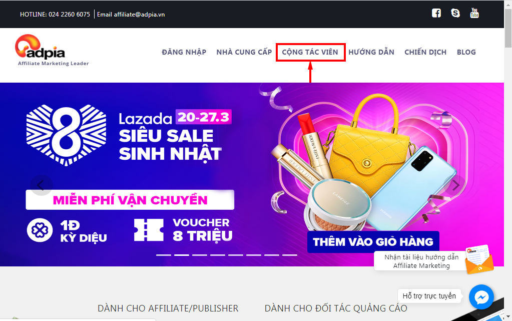 Bấm vào CỘNG TÁC VIÊN để đăng ký thành viên Adpia