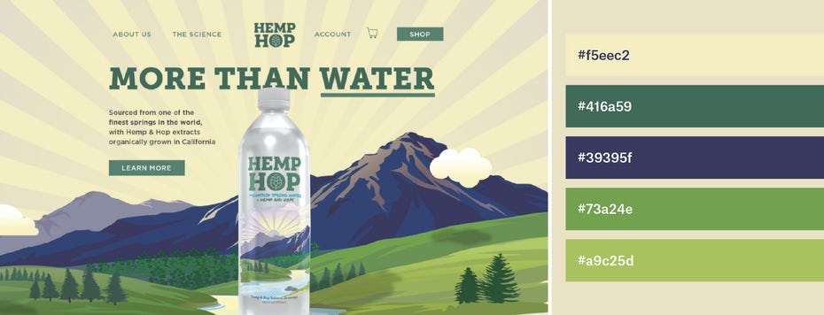 Hemp Hop's homepage with each color used and their HEX codes on the side