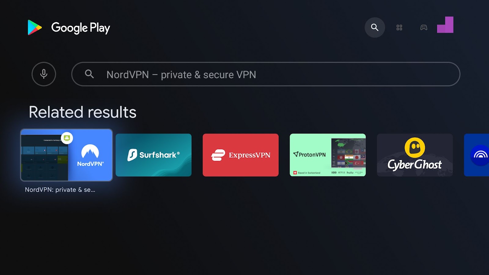NordVPN app in GooglePlay store on SmartTV