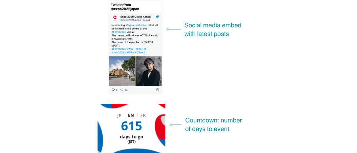 Expo 2025: twitter embed and countdown timer