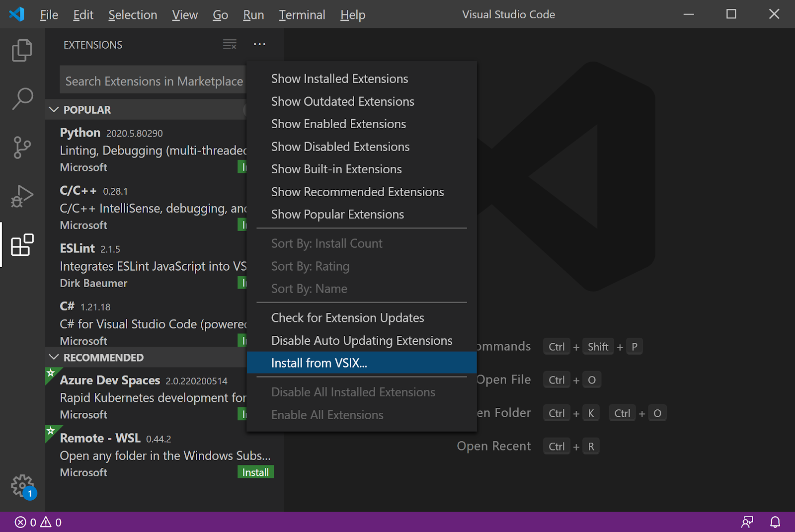 Visual Studio Code Install from VSIX menu item