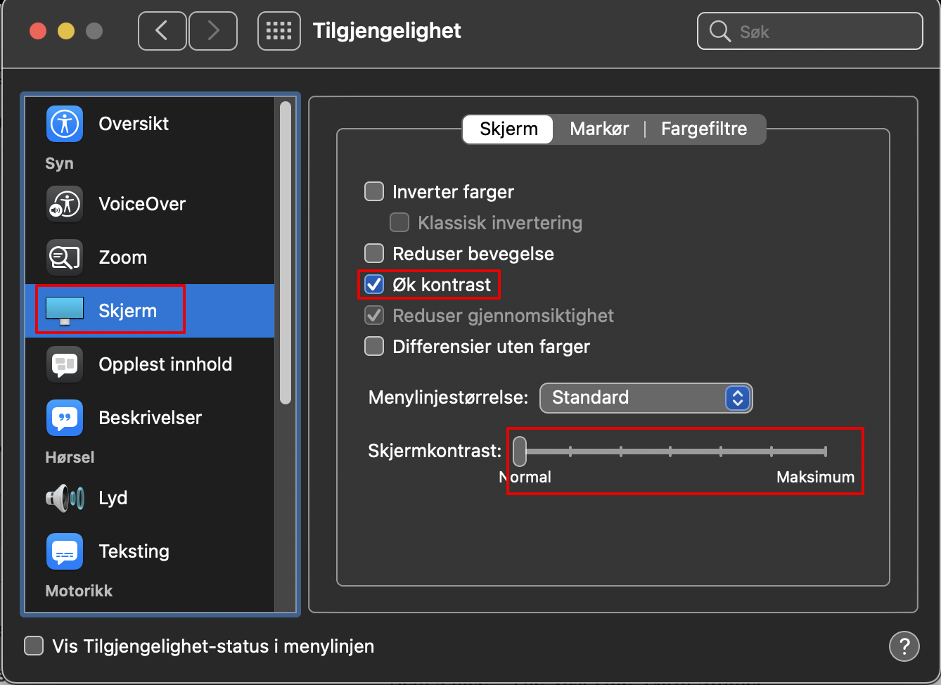 High contrast and accessibility settings