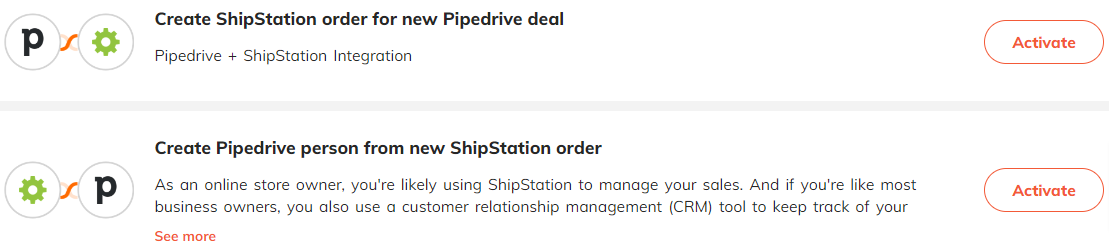 Popular automations for ShipStation & Pipedrive integration.