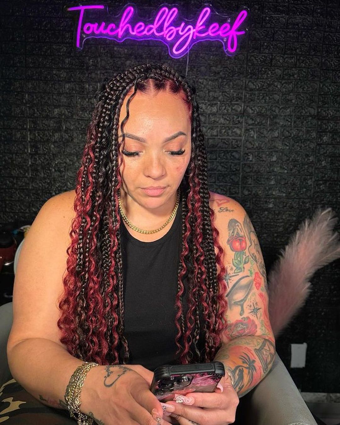 Black and Red Bohemian Knotless Braids: