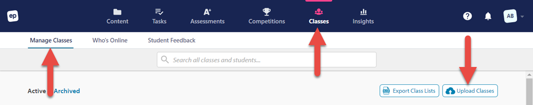 Teacher Dashboard showing Upload Classes button