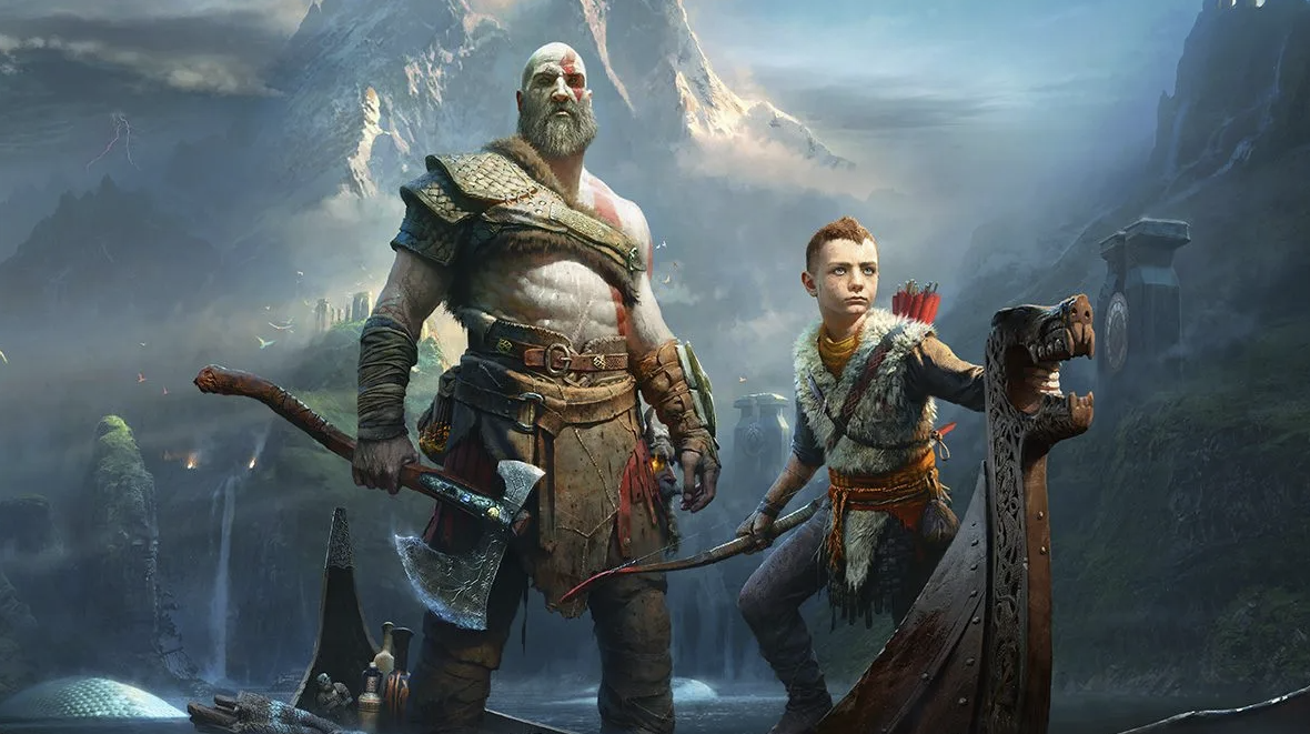 Kratos and Son on boat in front of mountains from God of War poster