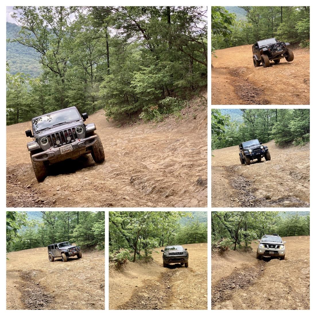 A collage of a jeep driving through a dirt road

Description automatically generated