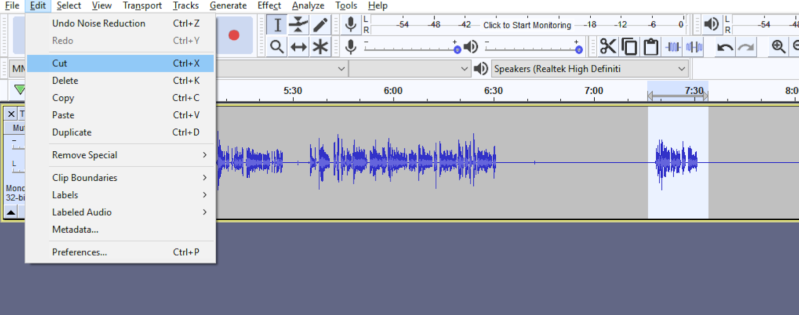Audio file displayed in Audacity with a portion of the sound file highlighted