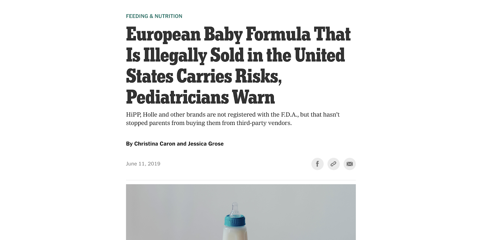 screenshot of new york times article on european baby formula