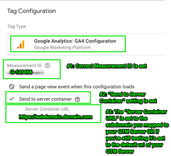 Screenshot of how to troubleshoot GA4 configuration for proper hit routing in server-side Google Tag Manager (sGTM).